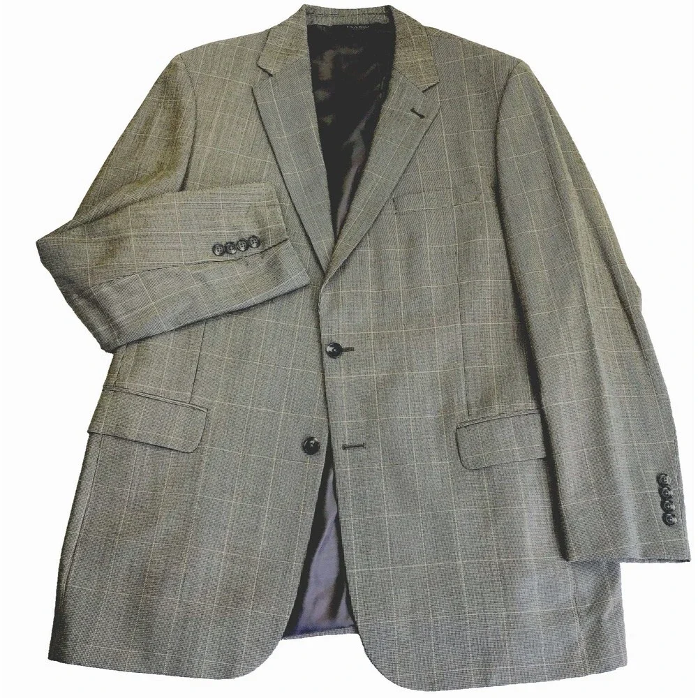 Jos A Bank Signature Sport Coat Silk Wool 44 L Plaid Windowpane Gray Career